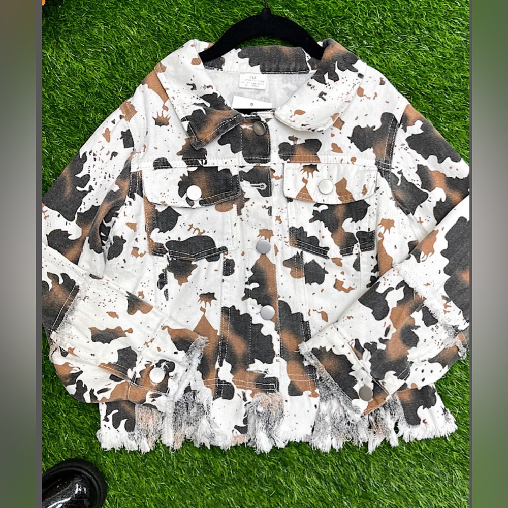 New girls cow print jean jacket